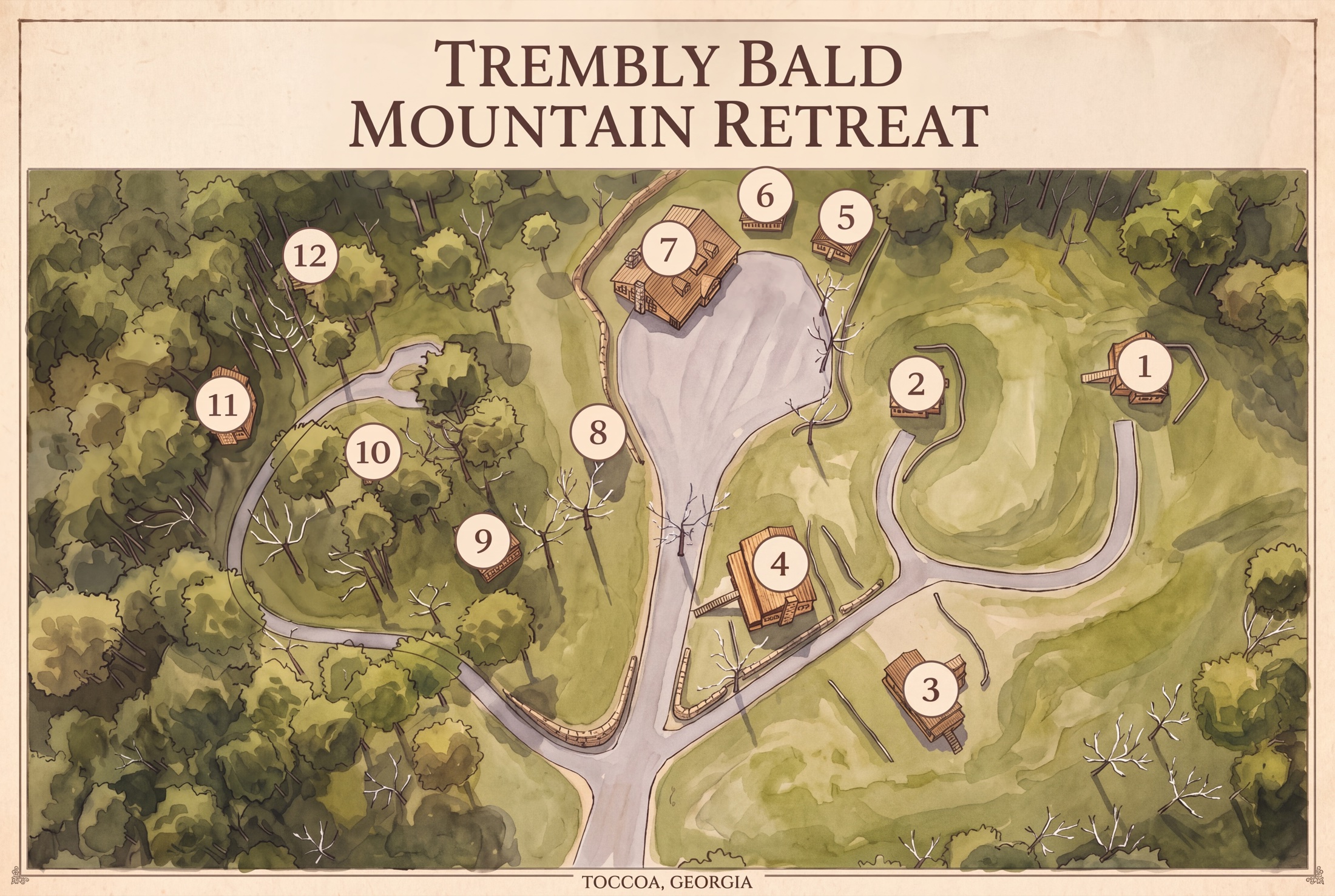 Landscape watercolor poster of Trembly Bald Mountain Retreat with twelve numbered building locations